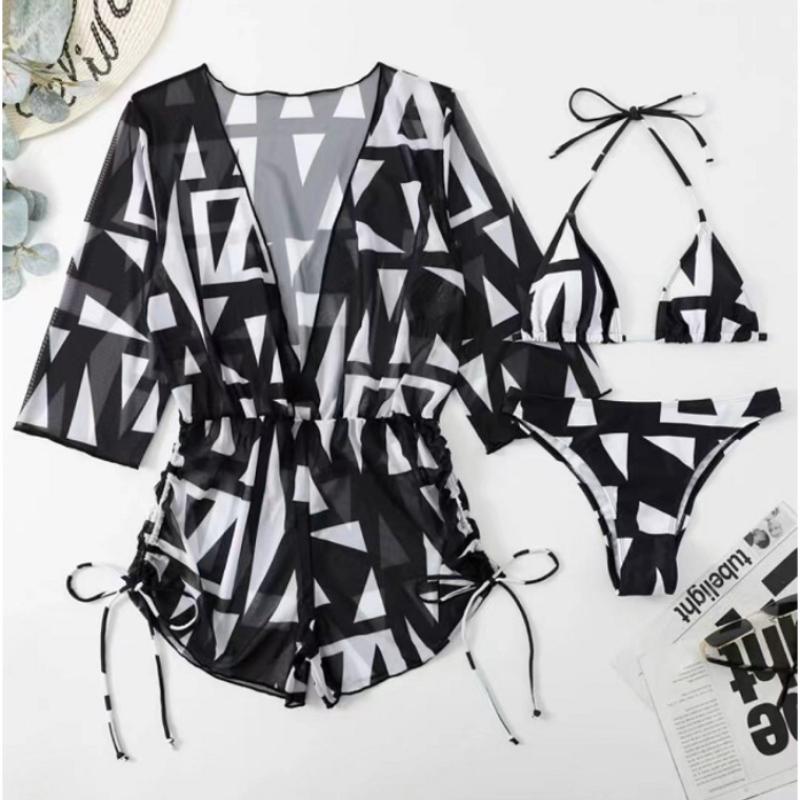 Women's Swimwear In a 3-Piece Leaf Plant Print Triangle Halter Neck Bikini Set with Cover Up Drawstring Side Overalls Jumpsuit