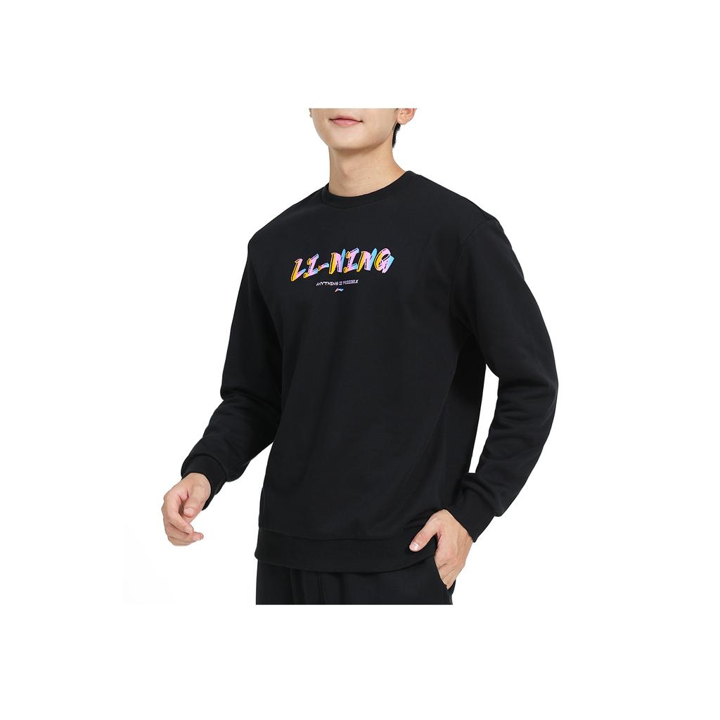 Li Ning Solid Color Round Neck Logo Casual Knitted Sports Long Sleeve Sweatshirt Unisex Sweatshirt Black AWDTE03-1
