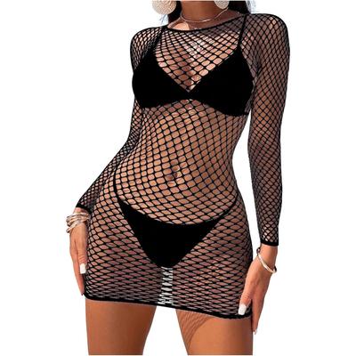 Women'S Hollow Out Fishnet Cover Up Long Sleeve Sheer Mesh Beach Dress Coverups High Strecth Bodycon Dress Summer Dress