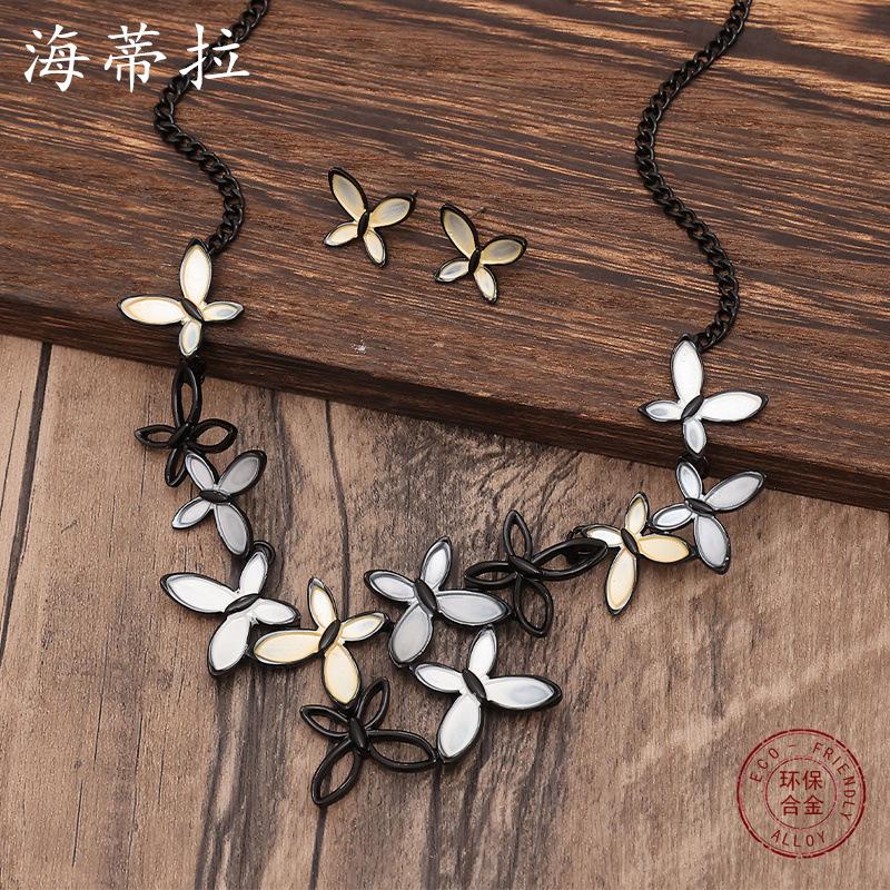 Color Painted Oil Butterfly Stud Earrings Necklace Set, Personalized Gun Black Butterfly Ladies Versatile Necklace