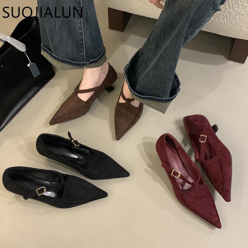 Fashion SUOJIALUN New Brand Women Pumps Shoes Fashion Pointed Toe Ladies Elegant Mary Jane Shoes Thin Med Heel Outdoor Dress Boat Shoes