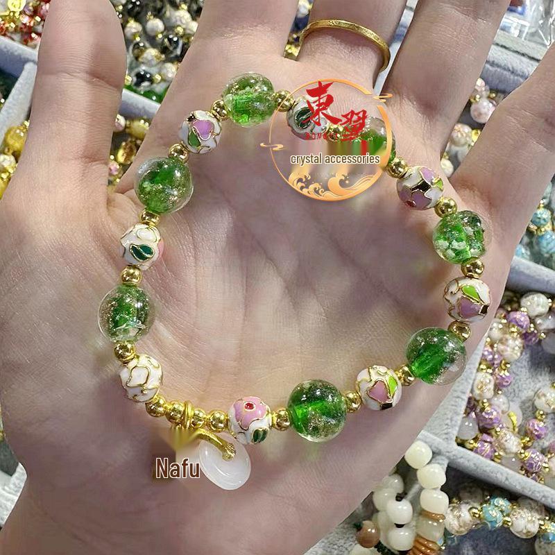 Green Luminous Gold Sand Glaze Cloisonné Peace Buckle Bracelet with Porcelain Gold Foil and Ash Detailing.