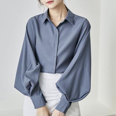 Damen-Shirt mit Revers, Laterne, langärmelig, einreihig, einfarbig, lockere Passform, für die Arbeit, lässig, für den Alltag