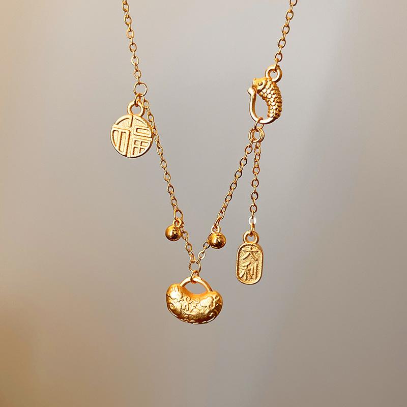 Electroplated carp blessing character safety lock necklace new Chinese niche collarbone chain retro temperament necklace women
