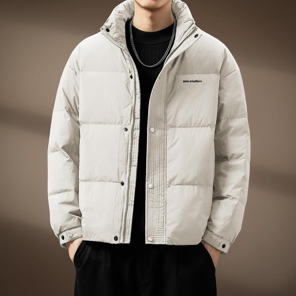 Men's High-End Fluffy White Duck Down Jacket: Thick, Warm, Stand Collar, Loose Fit for Winter