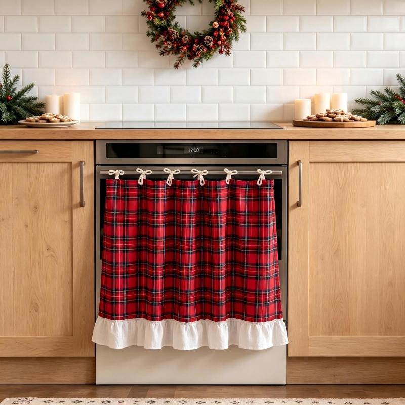 Red Patterned Oven Door Curtain Tie-On Fabric Kitchen Skirt with Ruffled Border for Cabinets Dishwasher Christmas Decoration
