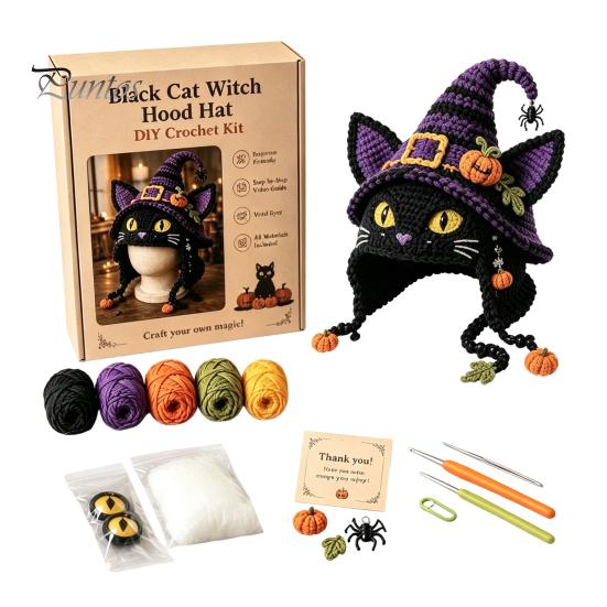 Cute Animal Hat Pattern Highland Cow Crochet Kit, Halloween Pumpkin Spider Hood DIY Kit Handmade Craft for Adults Teens Creative Hobby Gift