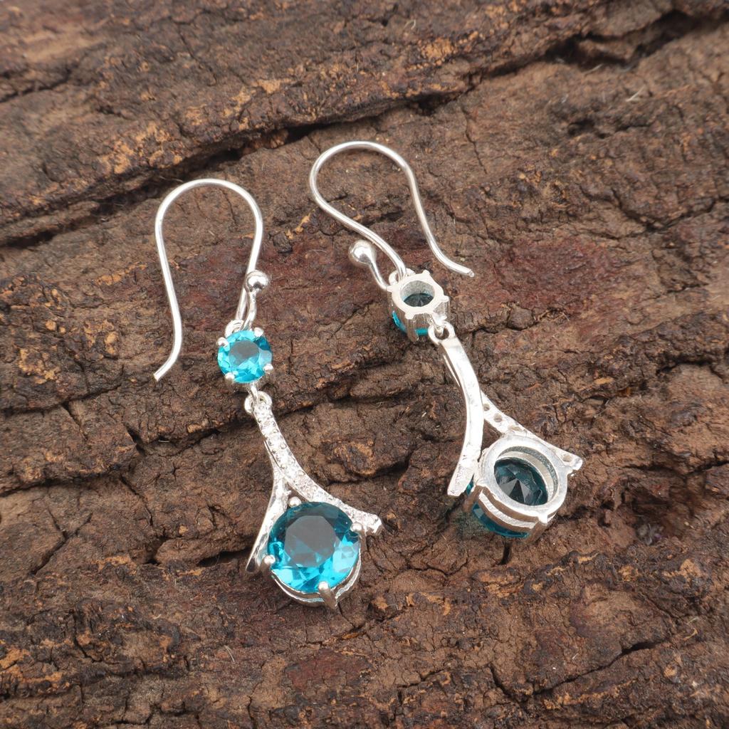 Natural Apatite Gemstone 925 Sterling Silver Zircon Drop/Dangle Earrings 1.84" CZE-9-1