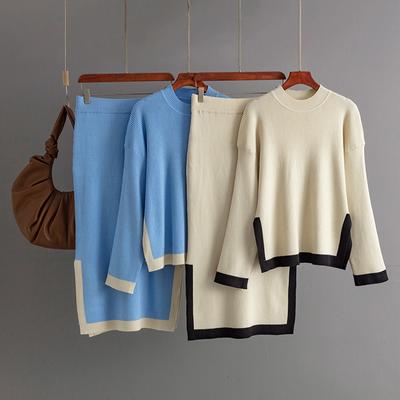 Herfst Warme Gebreide 2-delige Pakken Dames Lange Mouw O-hals Trui+Split Elastische Taille Rok Winter Casual Kleurblok Sets