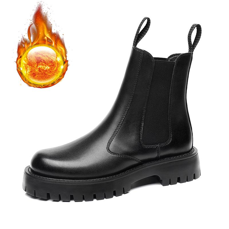 Fashion Chelsea Boots Mens Autumn Winter Shoes Thick Sole Non-slip Genuine Leather Mens Ankle Botas Warm Plush Black D035