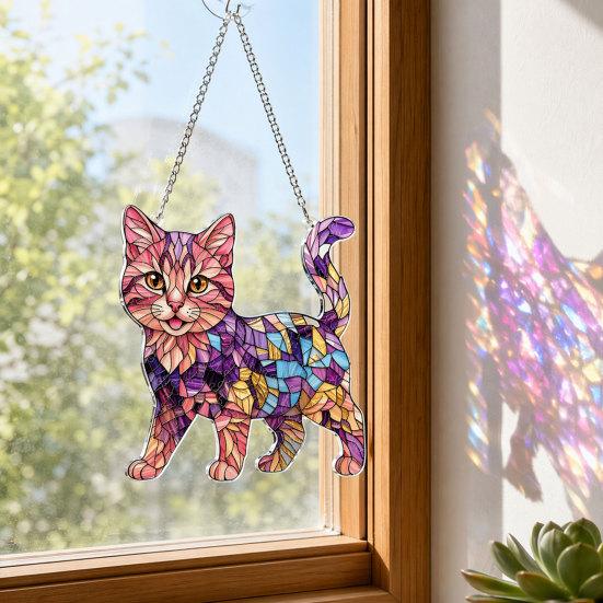 Cat Stained Glass Pendant with Easy Hang Style Suncatcher Acrylic Metal Chain Window