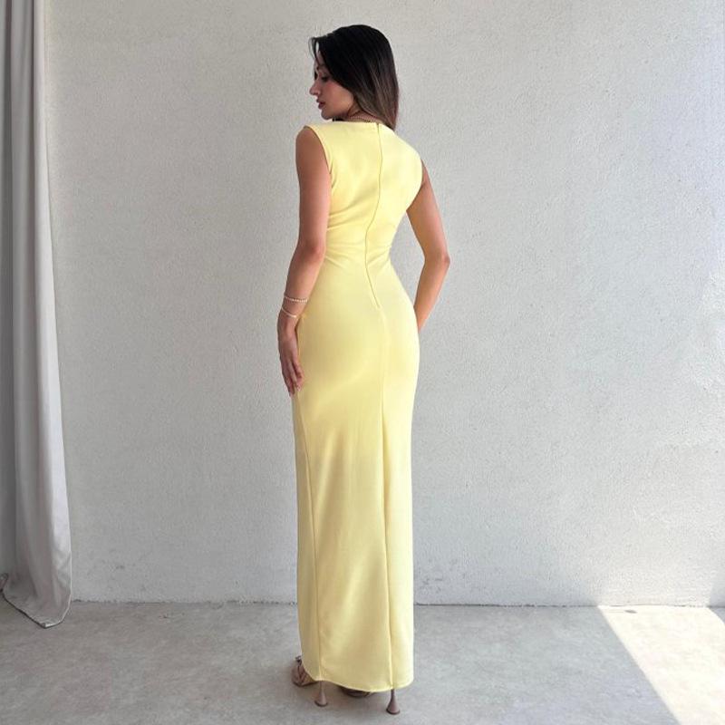 2025 Women's Sleeveless Square Neck Solid Color Bodycon Midi Dress