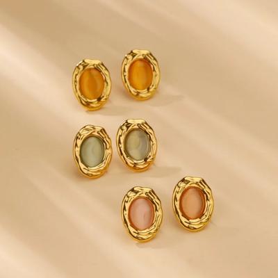 Green Opal Oval Stainless Steel Earrings Gold Color Waterproof Earring for Women Beach Vacation Wedding Jewelry Accessories Gift