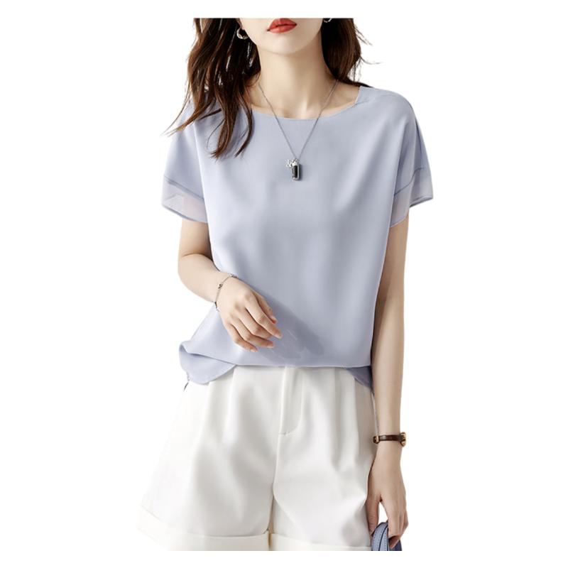 Sentubila Spliced Short-Sleeve Chiffon Blouse for Women