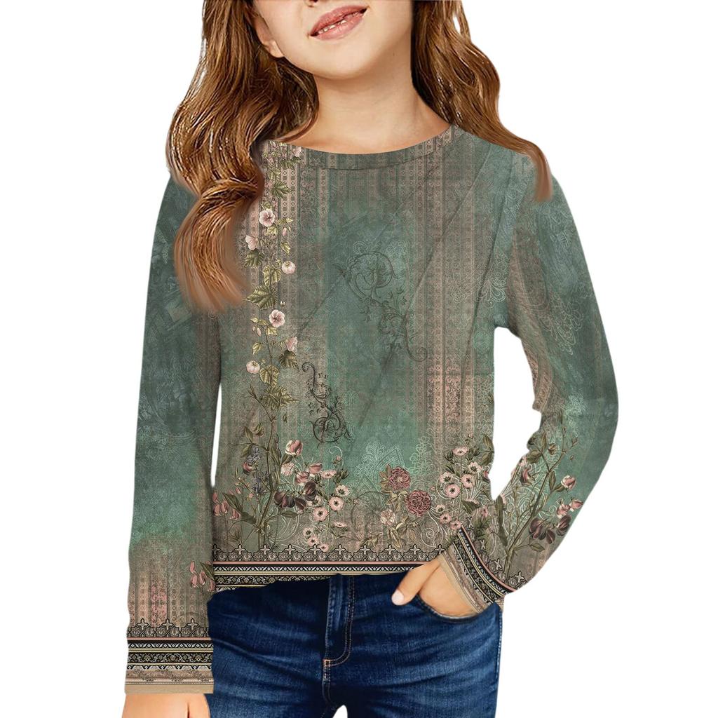Girls' Long Sleeve Tee - Pleated Round Neck Casual Top