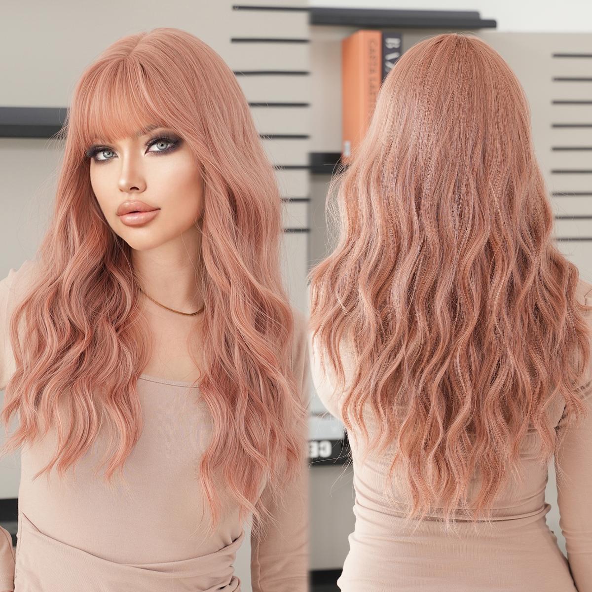 

Costume Wig Long Loose Curly Wave Blonde For Women Daily Party High Density Synthetic Highlight Pink Hair Wigs With Neat Bangs
