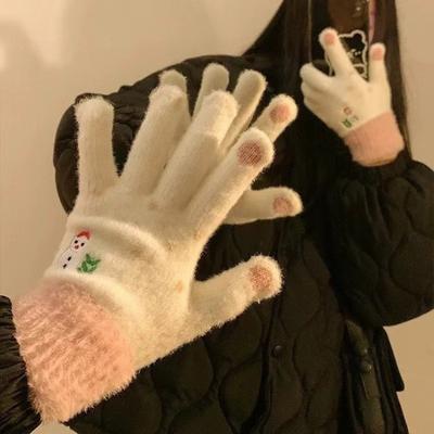 Cute Snowman Embroidered Touch Screen Gloves Warm Winter Gloves for Women Fashionable Cold Weather Accessory