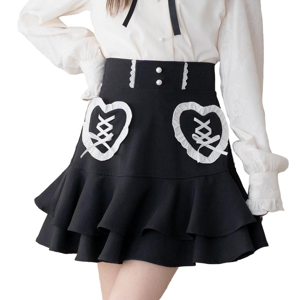 Yumetenbou Mass-Produced Clothing "Dear My Love" Heart Pocket Tiered Skirt, Women's, 534298, Black, Yumetenbou