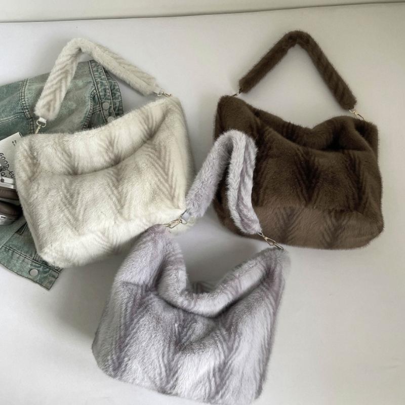 Luxury Faux Fur Women's Bucket Shoulder Bags Fashi Soft Plush Female Stripes Handbags Large Capacity Ladies Furry Tote Bag