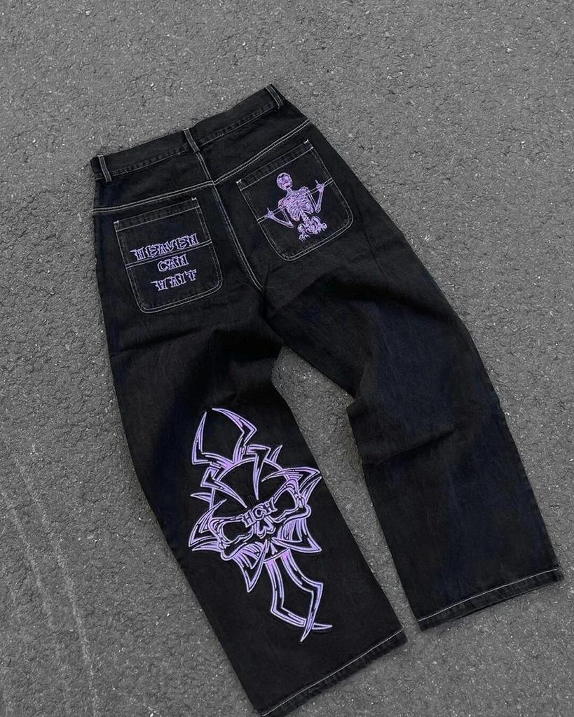 Streetwear JNCO jeans Y2K hip-hop cartoon pattern loose black pants men's and women's wide-leg pants wholesale