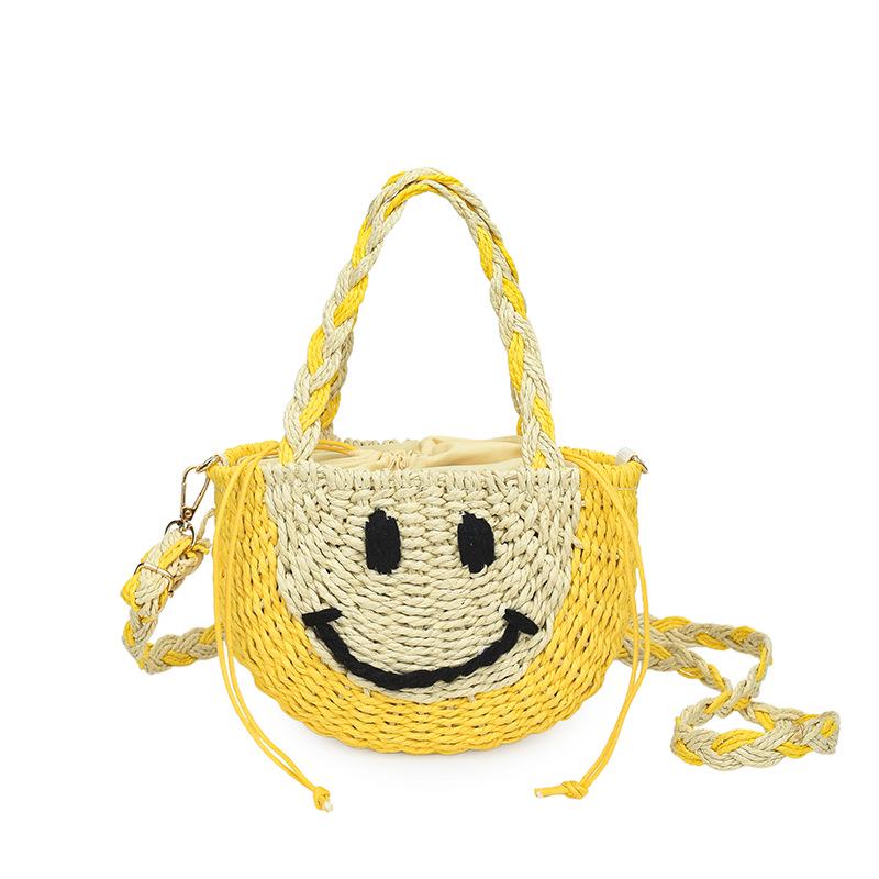 Korean Color Block Smiley Woven Bag - Versatile Casual Basket for Beach & Everyday Use