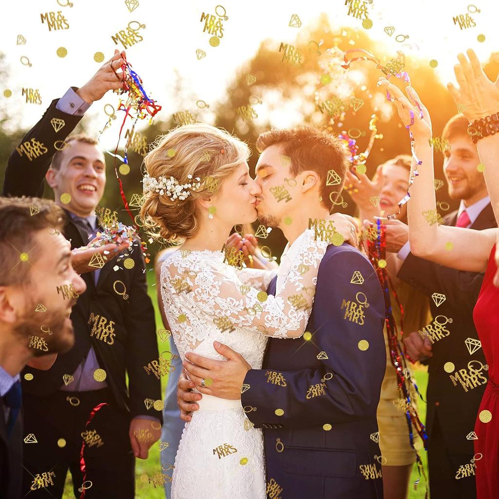 220 Pieces Gold Wedding Table Confetti, Paper Mr and Mrs Gold Diamond Ring Circle Dots Diamond Glitter Confetti for Marriage Ceremony Anniversary
