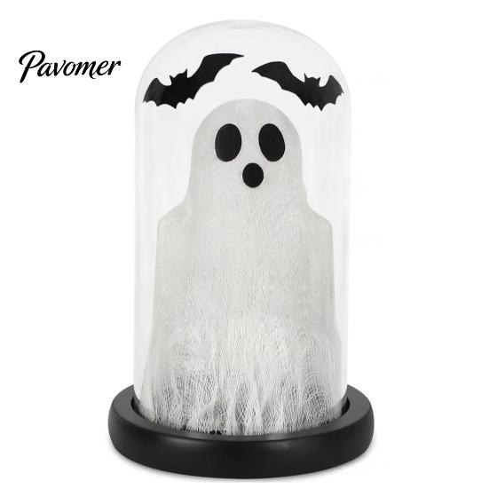 Battery Operated LED Table Lamp Halloween Light Up Ghost in Dome Cloche, Cute Night Spooky Indoor Home Decor with Bats for Kitchen Mantel Tabletop