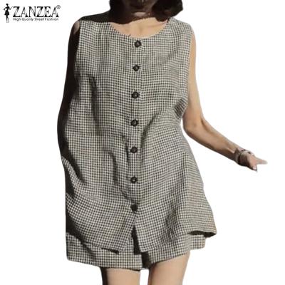 Women Sleeveless Vest and Shorts Summer Plaid Print Two Piece Suit Sets