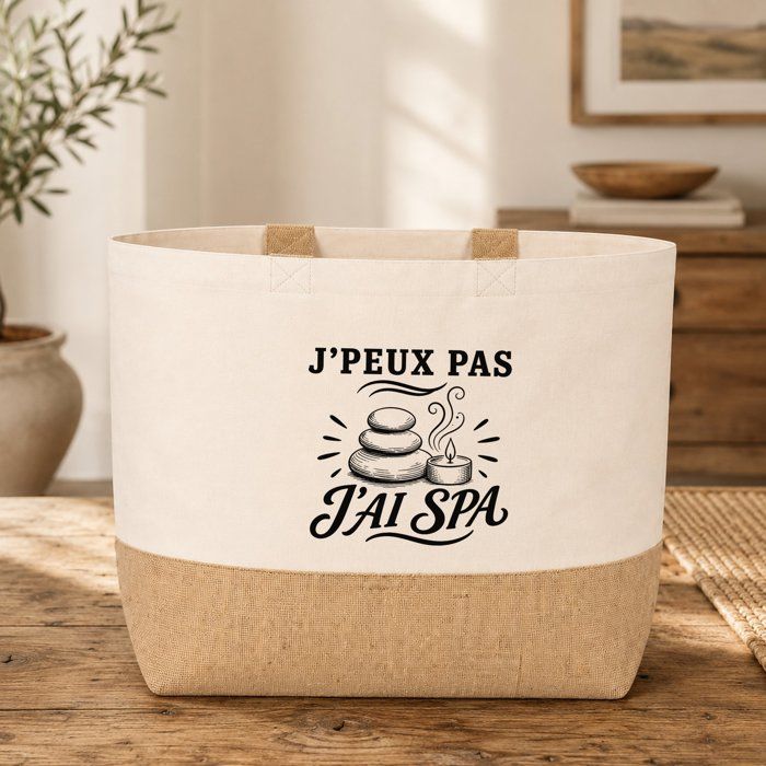 Sac J’peux pas j’ai Spa J'peux pas minimaliste | Cabas en Coton avec Fond Jute 18 L 48 × 37 × 13 cm | Marché Shopping Plage Courses