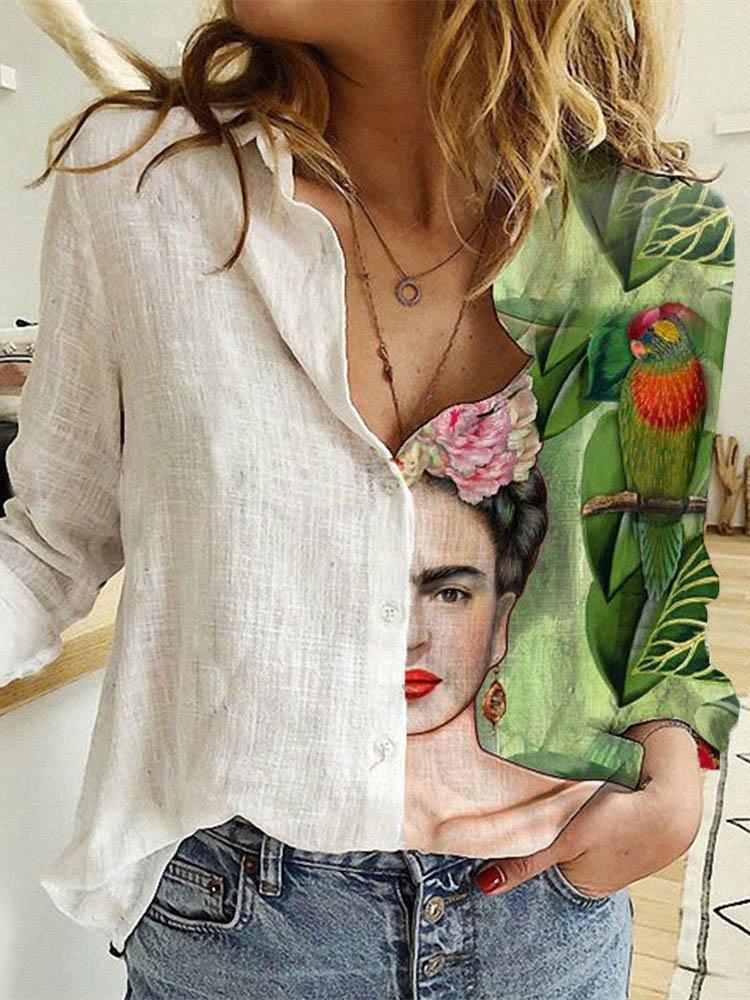 Fashion Stitching Retro Face Print Long Sleeve Blouse Women Lapel Button Casual Top Lady Shirts