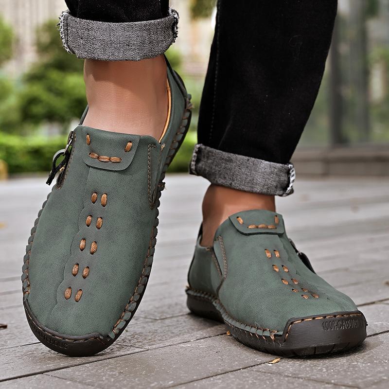 Large Size Spring And Autumn New Style Casual Shoes For Men's Large Size Beans Shoes Hand-Sewn Leather Shoes Casual Flat Bottom