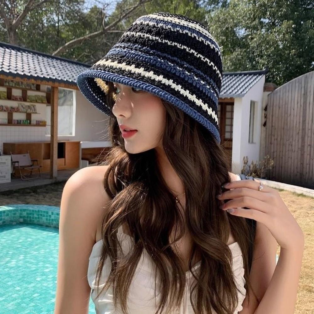 Colorful Knitted Bucket Hat Stripe Fisherman Hat Elegant Sunshade Basin Cap  Spring