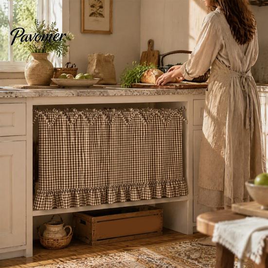 Oven Side Window Drapes Buffalo Plaid Curtain Skirt, Door with Ribbon Bows, Rustic Small Space Decor Half for Farmhouse Kitchen Sink, Cabinet,