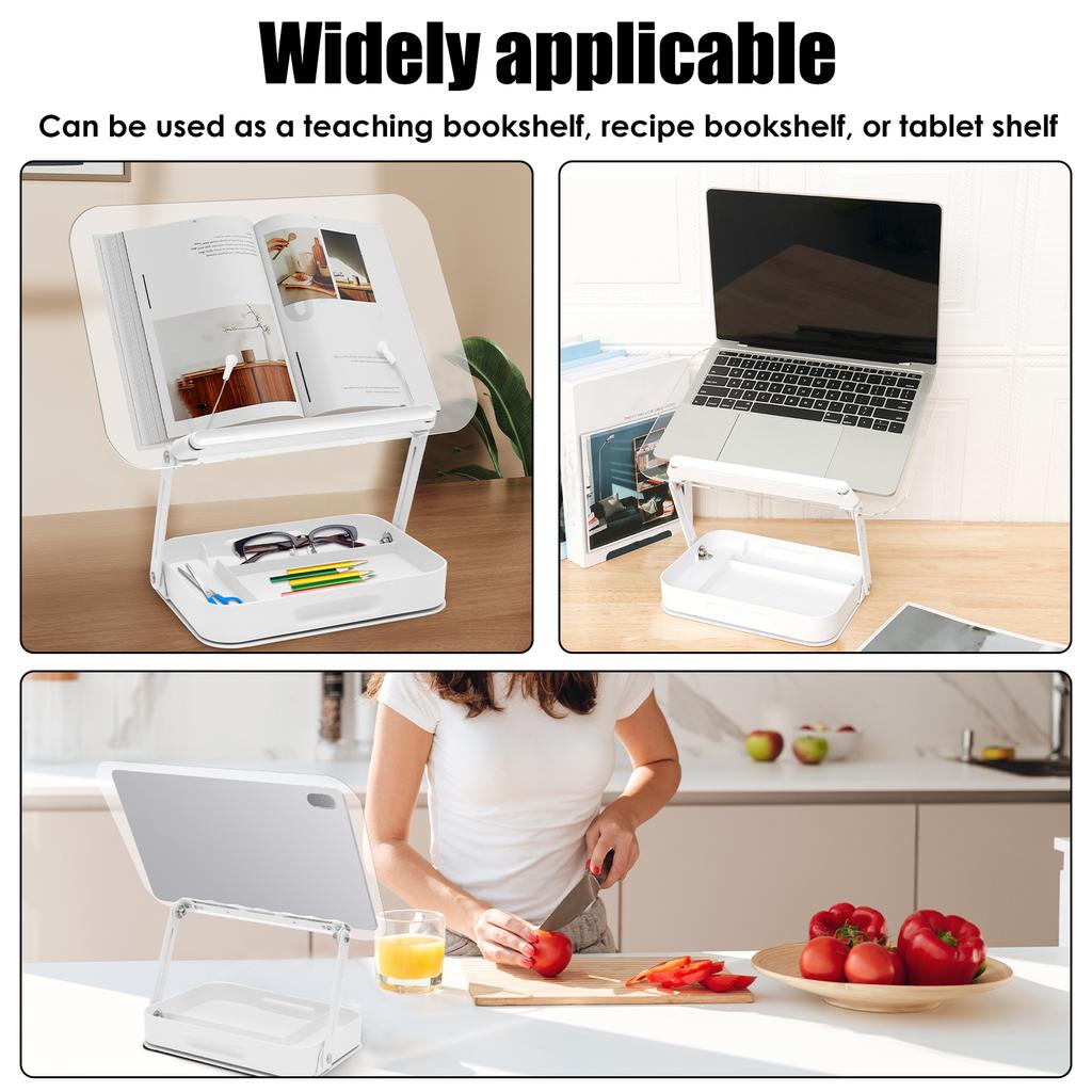 Transparent Book Stand Height Adjustable Book Holder with Storage and 360° Adjustable Base Foldable Tablet Laptop Reading Stand