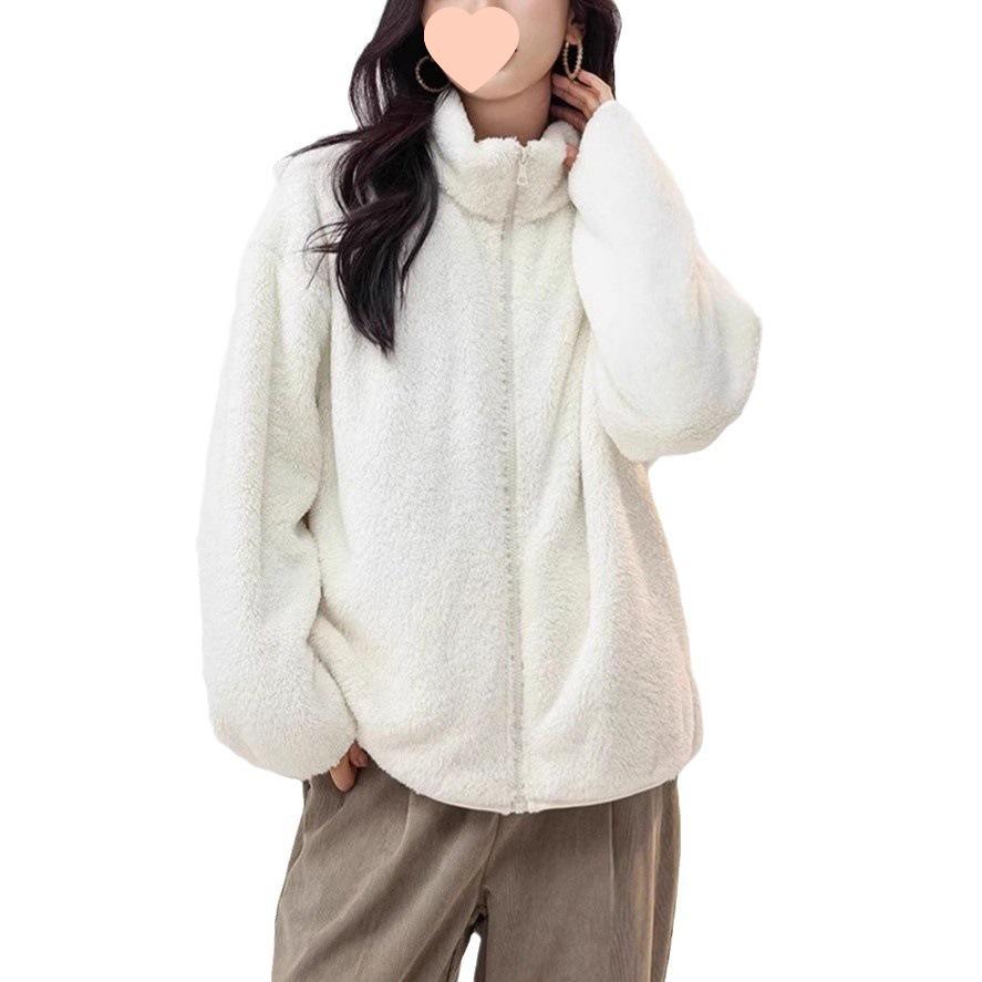 2026 Women's Casual Solid Coral Fleece Stand Collar Hoodie Jacket