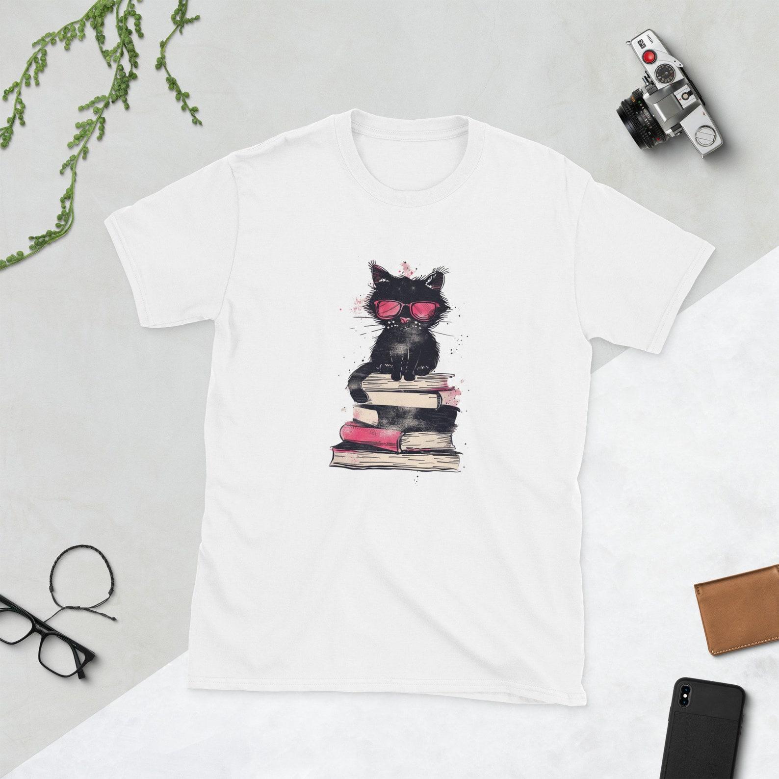 Bookish Cat with Glasses Graphic T-Shirt - Cute Literary Art Tee - Unisex Soft Cotton Top XL