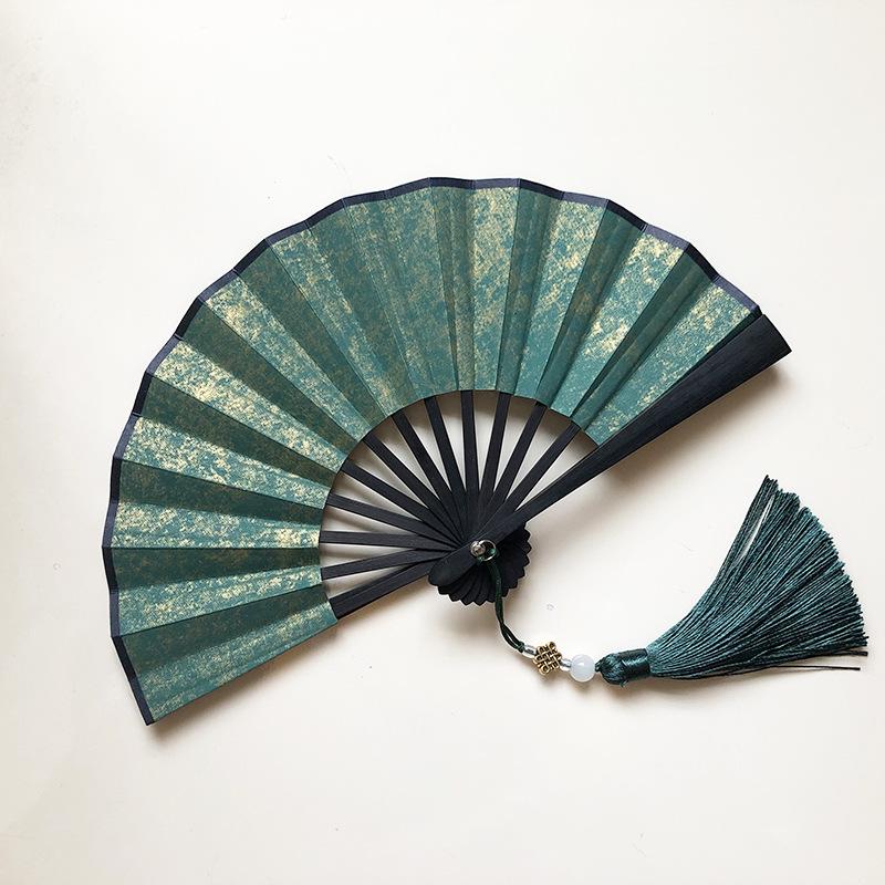 Ventaglio pieghevole mini in carta Xuan verde scuro dorata da 4-6 pollici per calligrafia e pittura