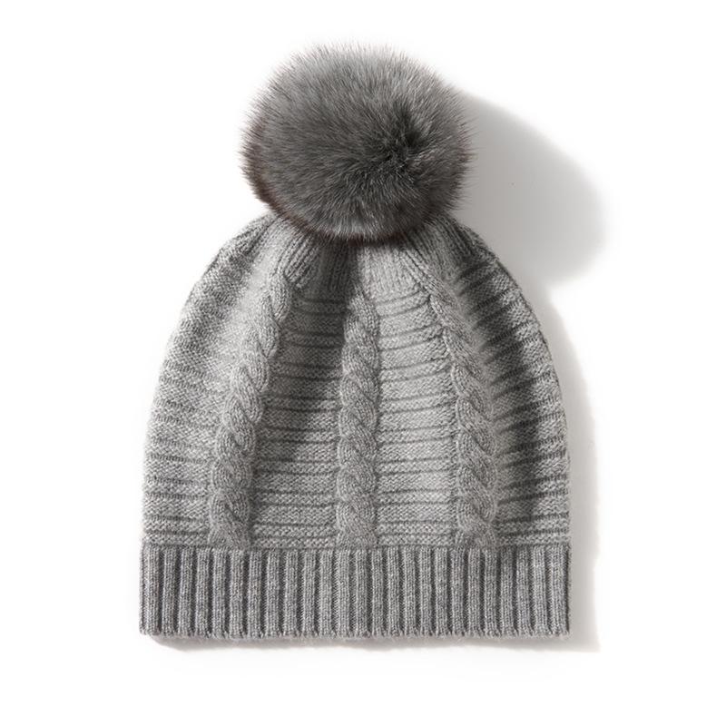 Cashmere Autumn and Winter New Style Women's High End Solid Color Twisted Horizontal Stripe Fur Ball Warm Fashion Knitted Casual Hat