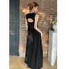 Black round neck sleeveless French retro super fairy knee dress women's spring design hollow backless long dress