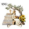 Minimalist Shelf Decor Sculpture Wooden Reading Girl Figurine, Stable Pastoral Style Statue Desktop Base Craft Decor, Artistic Healing Ornament,