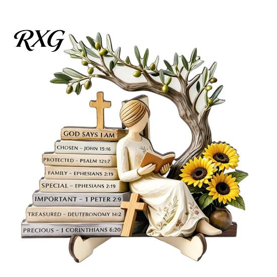 Minimalist Shelf Decor Sculpture Wooden Reading Girl Figurine, Stable Pastoral Style Statue Desktop Base Craft Decor, Artistic Healing Ornament,