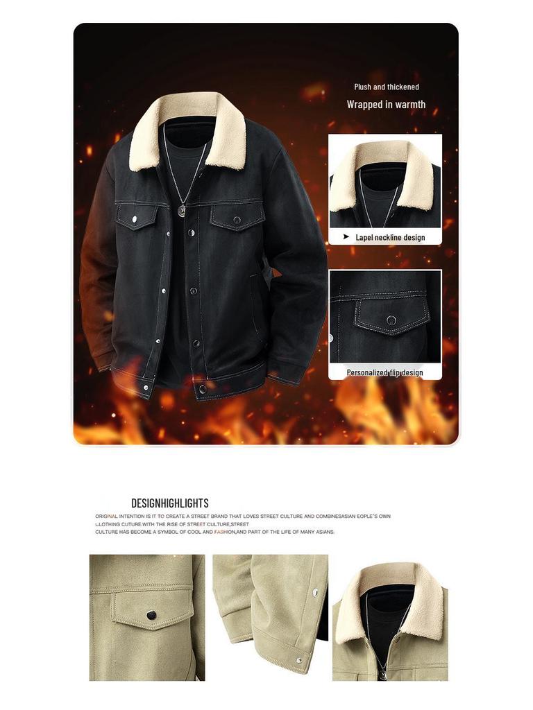 Men's American Retro Suede Plush Top Coat - Casual Winter Jacket with Extra Velvet and Thickness.
