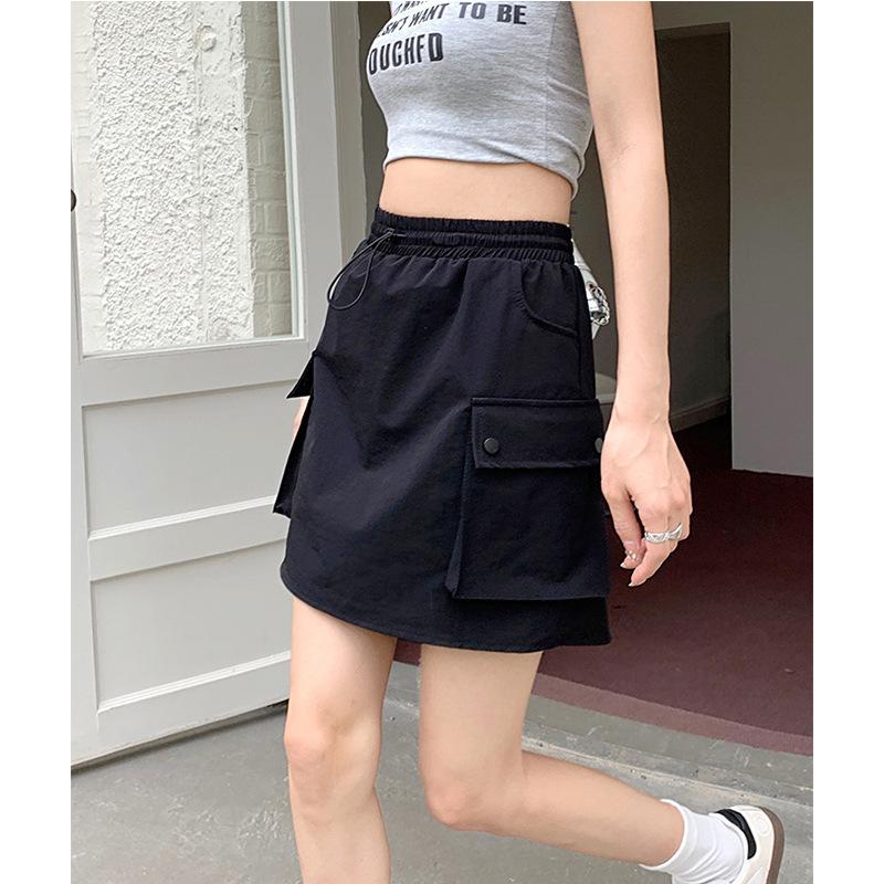 Drawstring Skirt Women's Summer Casual Short Skirt Niche Slim Gray Elastic Waist Skirt Workwear A Line Skirt