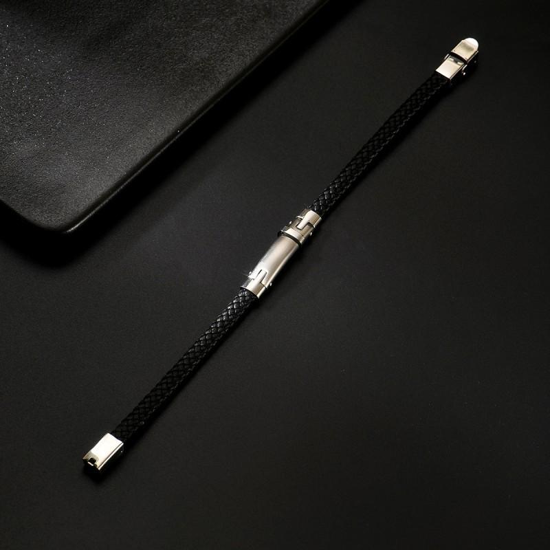 Trendy Cool Black Leather Rope Woven Bracelet Steel Contrasting Color Simple Personalized Versatile Internet Famous Niche Accessory