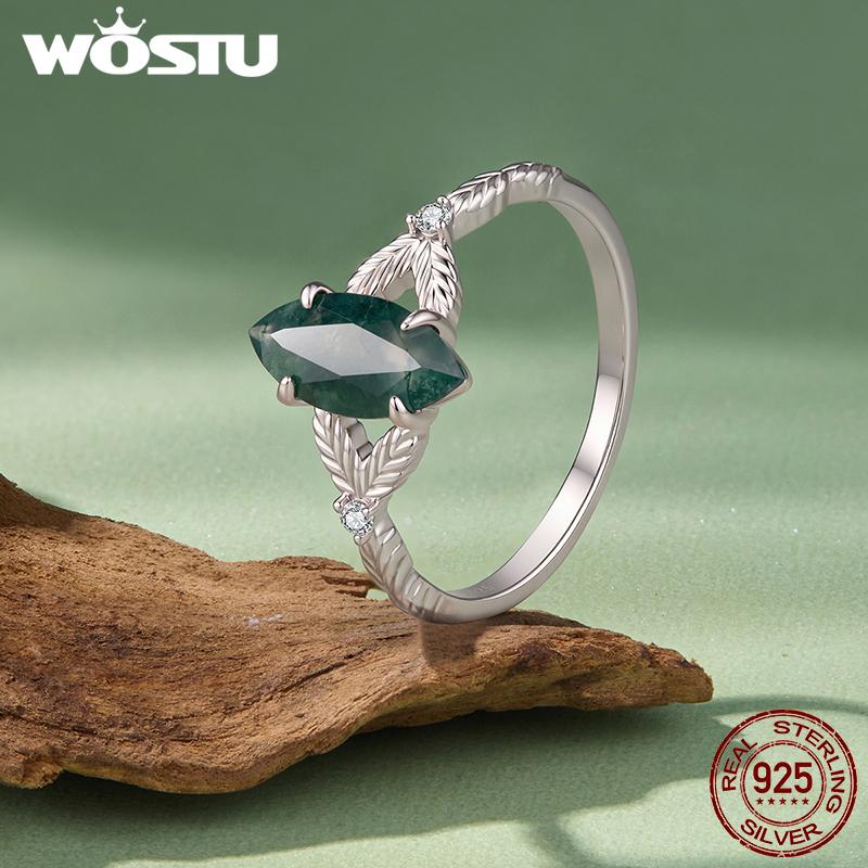 WOSTU Natural Moss Agate Leaf Stackable Ring For Women 925 Sterling Silver Open Rings With CZ Inlaid Vintage Gems Party Jewelry