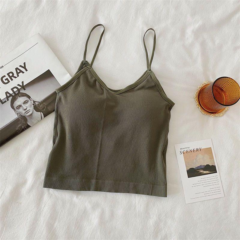 V-neck Suspender Top Women's Chest Pad Solid Color with Short Sleeveless Halter Sexy Tank Top