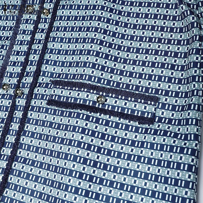 ZANZEA Women V Neck Puff Sleeve Smooth Print Casual Loose Tunic Dress