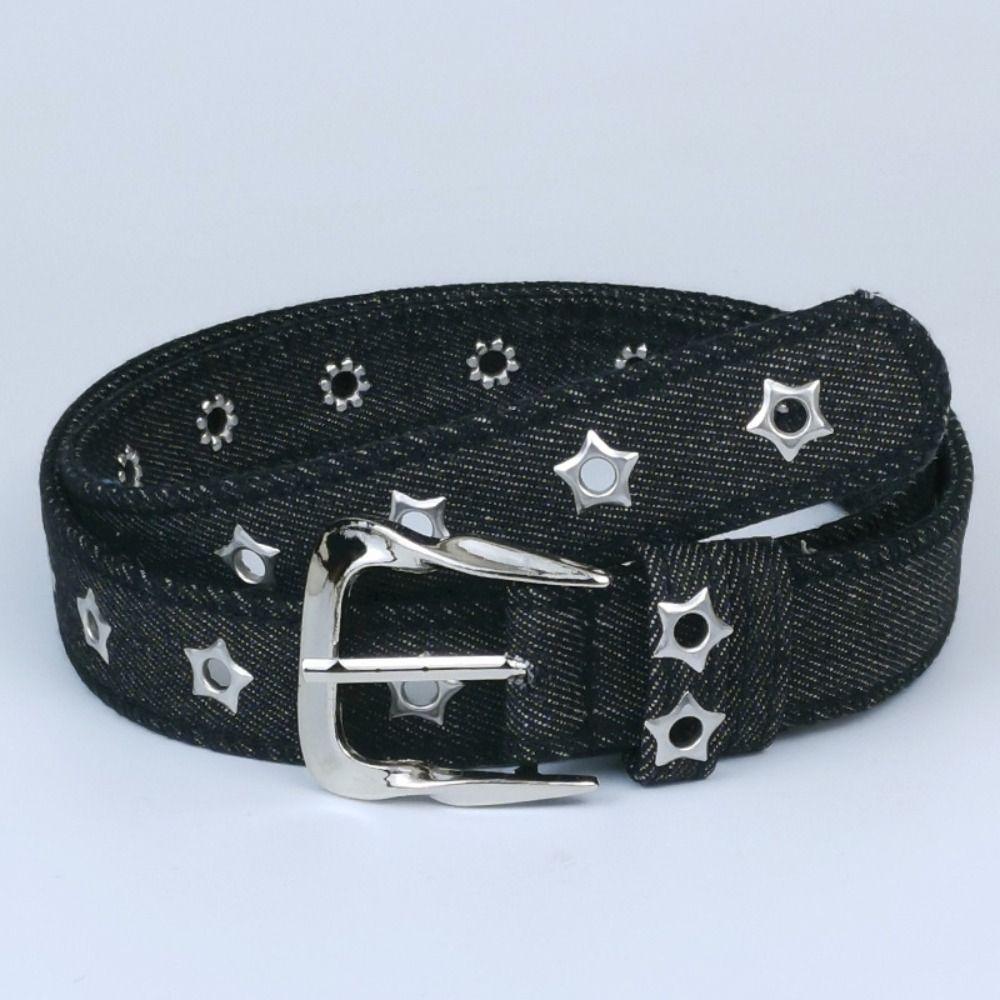 Adjustable Canvas Jeans Belt Pin Buckle Star Cutout Belt Vintage Hollow Eyelet Belt  Daily Outfit