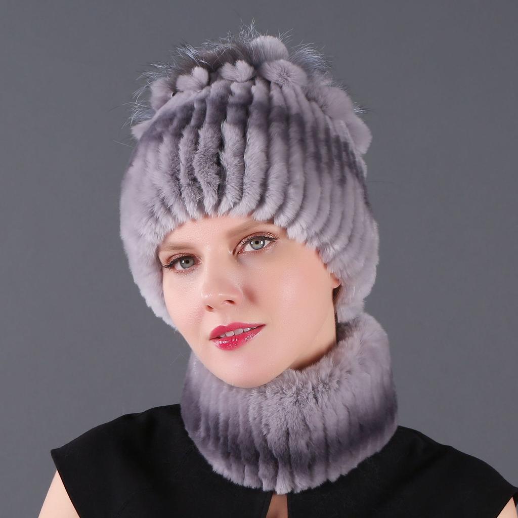 Women's New Rex Rabbit Short Dye Plus Black Fox Hair Hat Scarf Two-piece Set, Winter Warm Woven Fur Hat