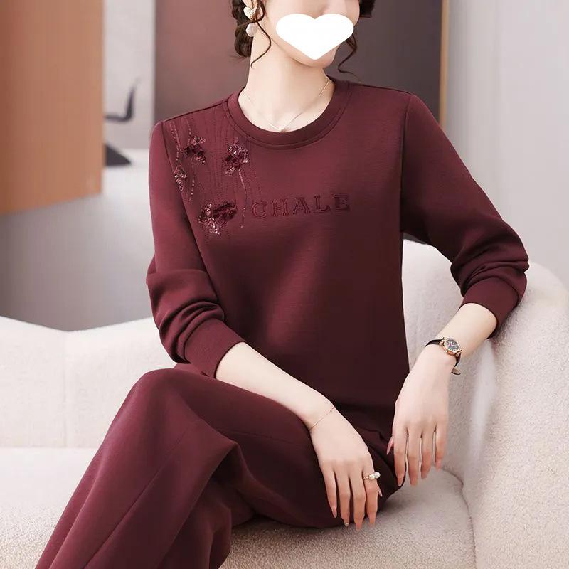 Spring and Autumn Casual Sportswear Suit for Middle-aged Women, Ladies, Embroidered Fashionable Sweatshirt Two-piece Set